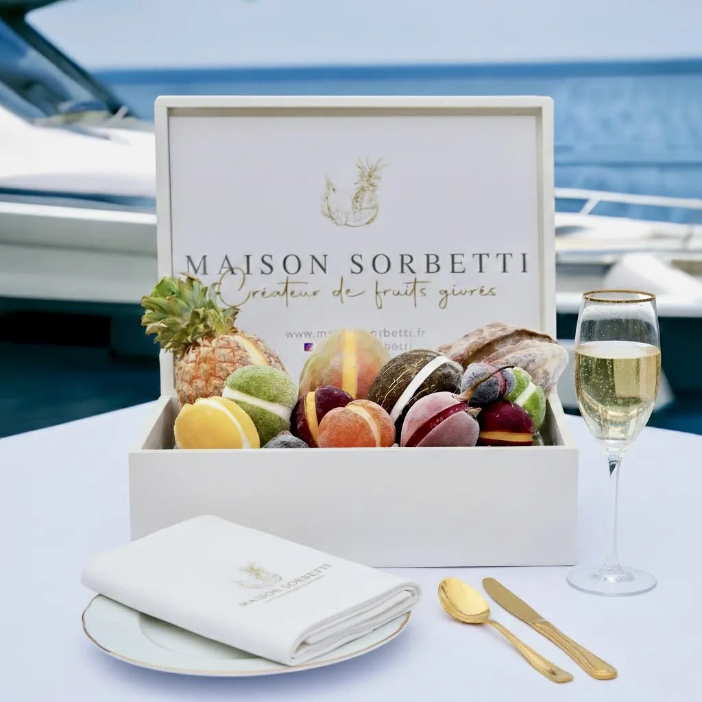 Coffret Maison Sorbetti avec fruits givrés et champagne